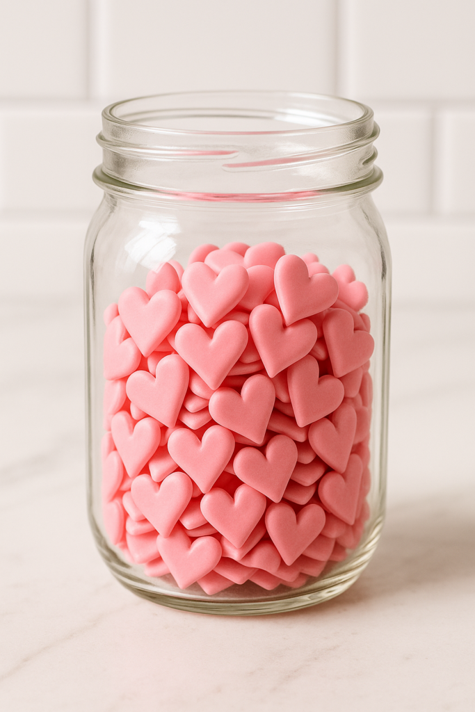 heart shaped royal icing transfers in a mason jar