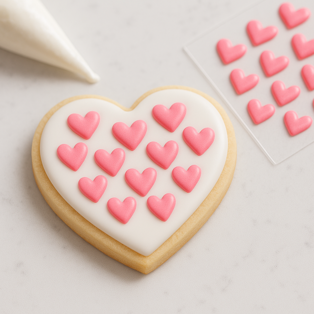 heart shaped royal icing transfers on a cookie