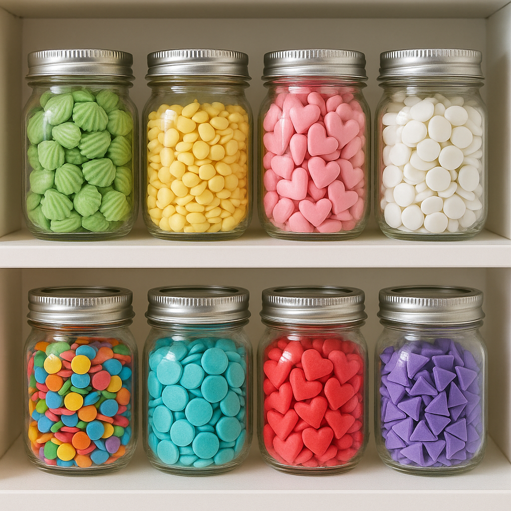 jars of royal icing transfers on a shelf